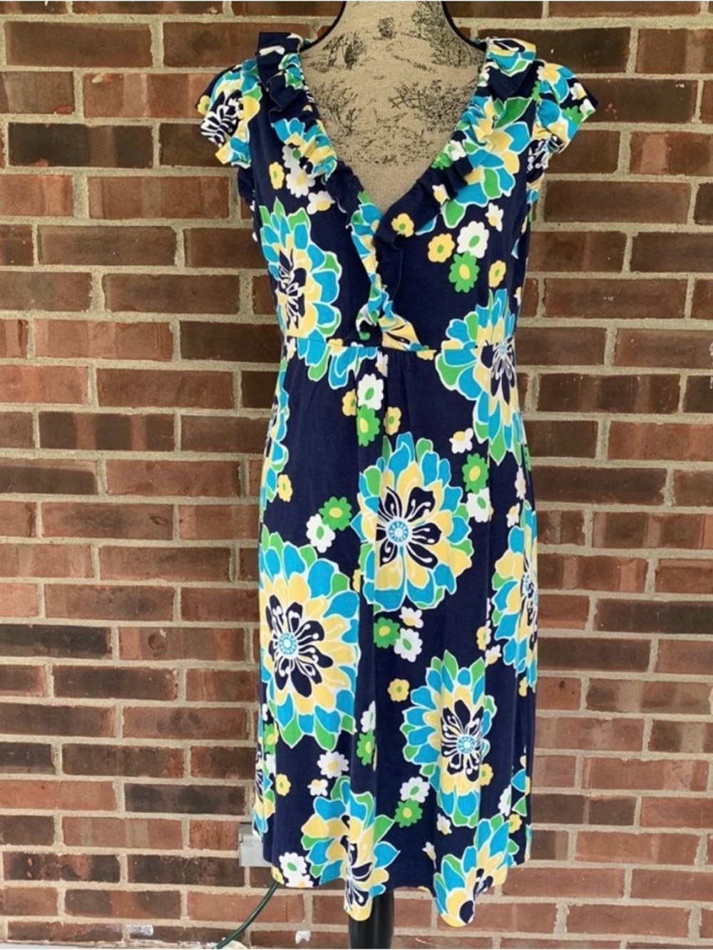 Lily Pulitzer Clare floral ruffle dress Navy/yelliw/white. Midi. Size Large